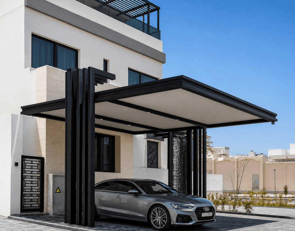 Black frame carport shade installed at a new residential compound in Khaitan